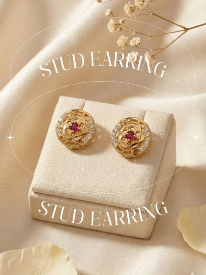 Gold Plated Floral & Geometric CZ Stud Earrings for Women, Ruby Centre Stone with Sparkling CZ Accents, Ethnic Traditional Party Jewellery, Lightweight Everyday Small Office Earring-04