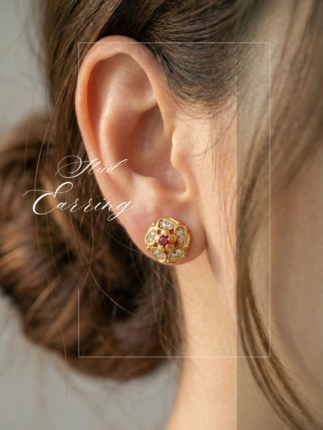 Gold Plated Floral & Geometric CZ Stud Earrings for Women, Ruby Centre Stone with Sparkling CZ Accents, Ethnic Traditional Party Jewellery, Lightweight Everyday Small Office Earring-05