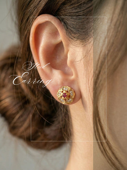 Gold Plated Floral & Geometric CZ Stud Earrings for Women, Ruby Centre Stone with Sparkling CZ Accents, Ethnic Traditional Party Jewellery, Lightweight Everyday Small Office Earring-05