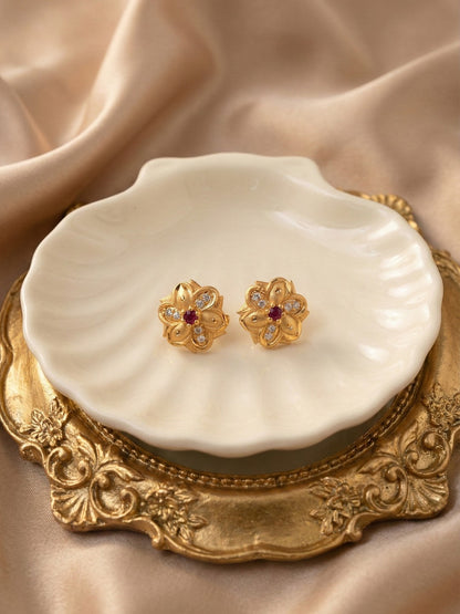 Gold Plated Floral & Geometric CZ Stud Earrings for Women, Ruby Centre Stone with Sparkling CZ Accents, Ethnic Traditional Party Jewellery, Lightweight Everyday Small Office Earring-06
