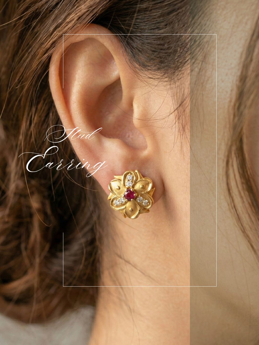 Gold Plated Floral & Geometric CZ Stud Earrings for Women, Ruby Centre Stone with Sparkling CZ Accents, Ethnic Traditional Party Jewellery, Lightweight Everyday Small Office Earring-06