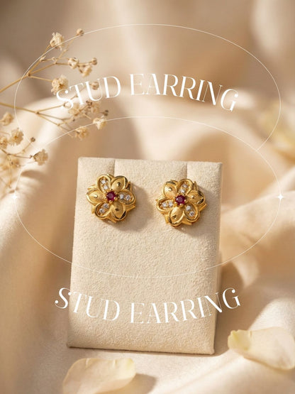 Gold Plated Floral & Geometric CZ Stud Earrings for Women, Ruby Centre Stone with Sparkling CZ Accents, Ethnic Traditional Party Jewellery, Lightweight Everyday Small Office Earring-06