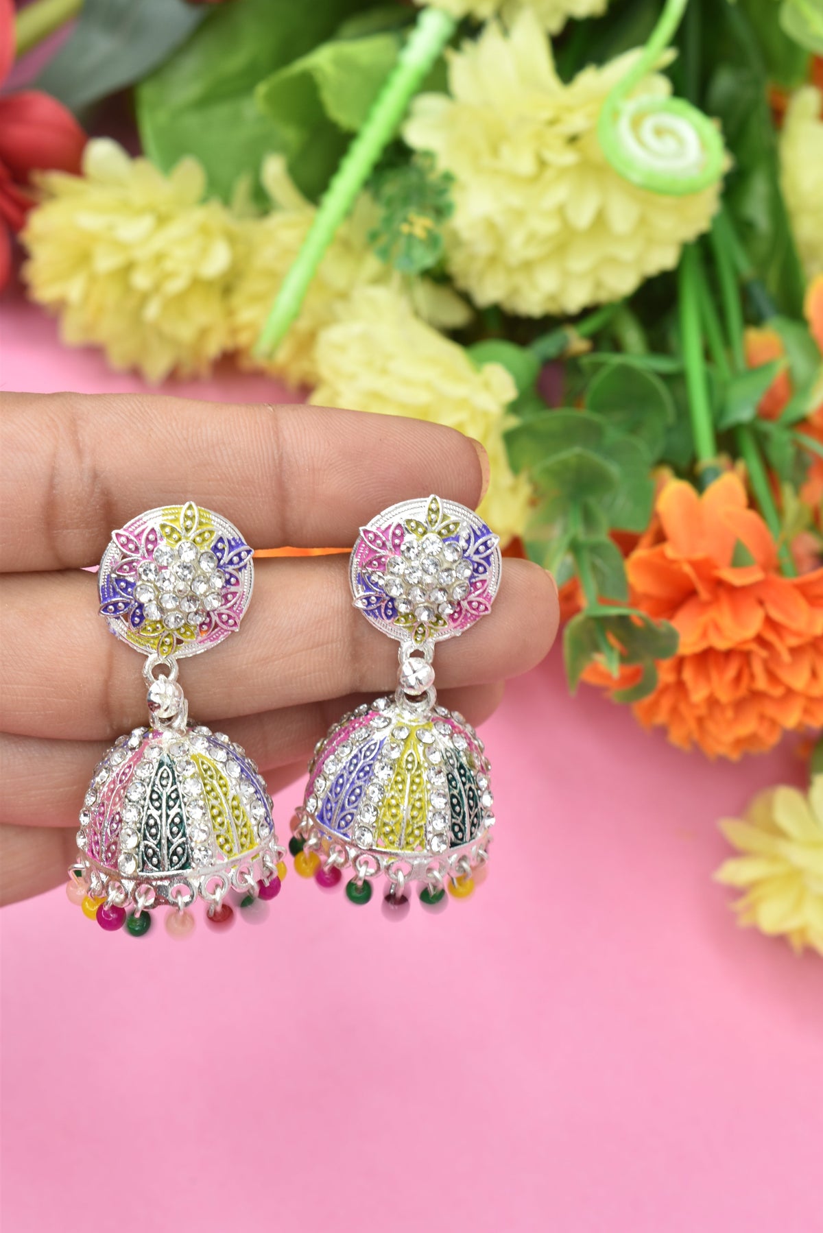 Silver Multicolored Jhumakas: Ethnic Charm