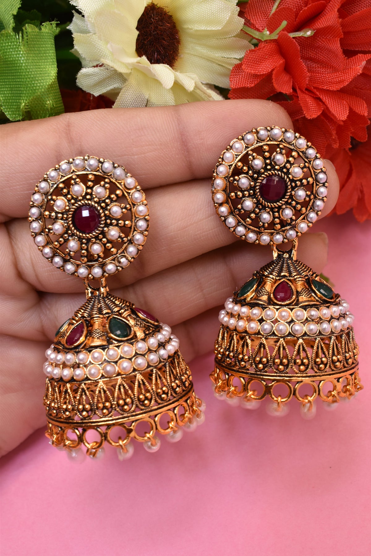 Ethnic Oxidized Jhumka Earrings with Pearl for Girls