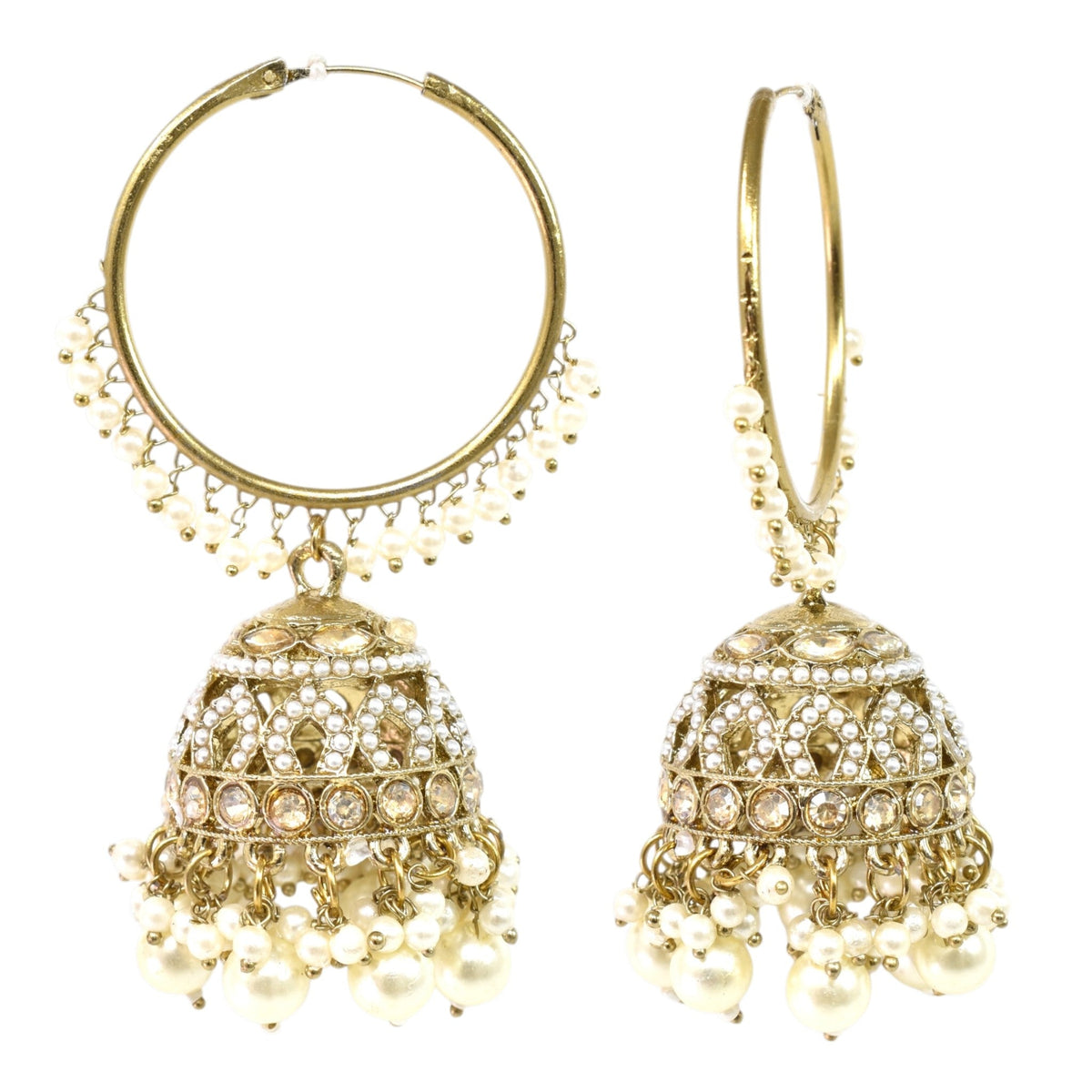 Gold Plated Traditional Bali Jhumka Hoop Earrings with Pearl Drops for Women Kundan Dome Jhumki with Beaded Pearl, Festive Wedding Party Statement Earrings, Indian Ethnic Jewellery-01