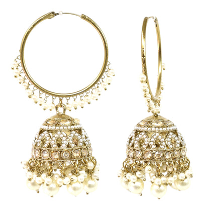 Gold Plated Traditional Bali Jhumka Hoop Earrings with Pearl Drops for Women Kundan Dome Jhumki with Beaded Pearl, Festive Wedding Party Statement Earrings, Indian Ethnic Jewellery-01