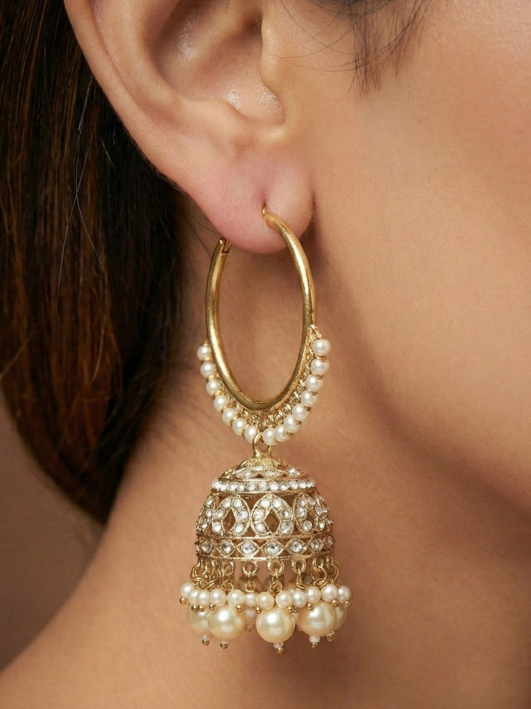 Gold Plated Traditional Bali Jhumka Hoop Earrings with Pearl Drops for Women Kundan Dome Jhumki with Beaded Pearl, Festive Wedding Party Statement Earrings, Indian Ethnic Jewellery-01