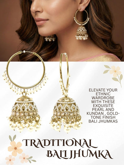 Gold Plated Traditional Bali Jhumka Hoop Earrings with Pearl Drops for Women Kundan Dome Jhumki with Beaded Pearl, Festive Wedding Party Statement Earrings, Indian Ethnic Jewellery-01
