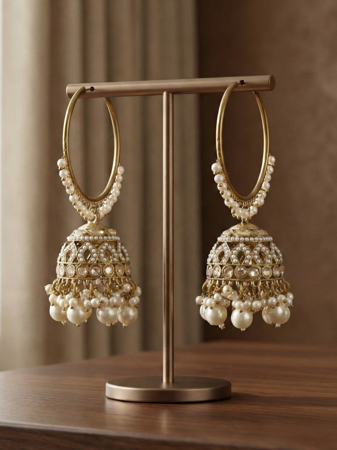 Gold Plated Traditional Bali Jhumka Hoop Earrings with Pearl Drops for Women Kundan Dome Jhumki with Beaded Pearl, Festive Wedding Party Statement Earrings, Indian Ethnic Jewellery-01