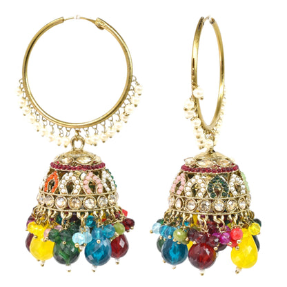 Gold Plated Multicolor Beaded Bali Jhumka Hoop Earrings for Women, Traditional Kundan Jhumki with Colorful Drops, Ethnic Festive Wedding Party Statement Earrings, Indian Jewellery-01