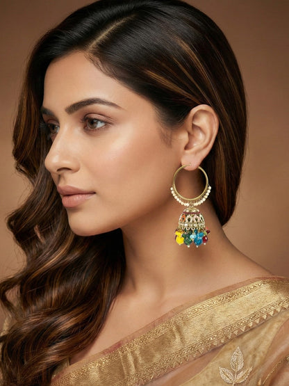 Gold Plated Multicolor Beaded Bali Jhumka Hoop Earrings for Women, Traditional Kundan Jhumki with Colorful Drops, Ethnic Festive Wedding Party Statement Earrings, Indian Jewellery-01