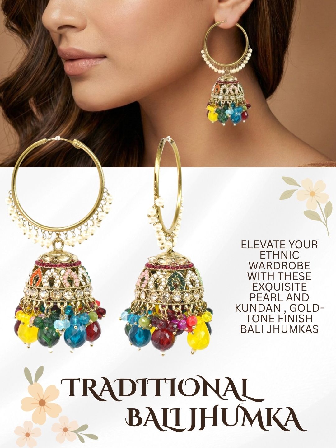 Gold Plated Multicolor Beaded Bali Jhumka Hoop Earrings for Women, Traditional Kundan Jhumki with Colorful Drops, Ethnic Festive Wedding Party Statement Earrings, Indian Jewellery-01