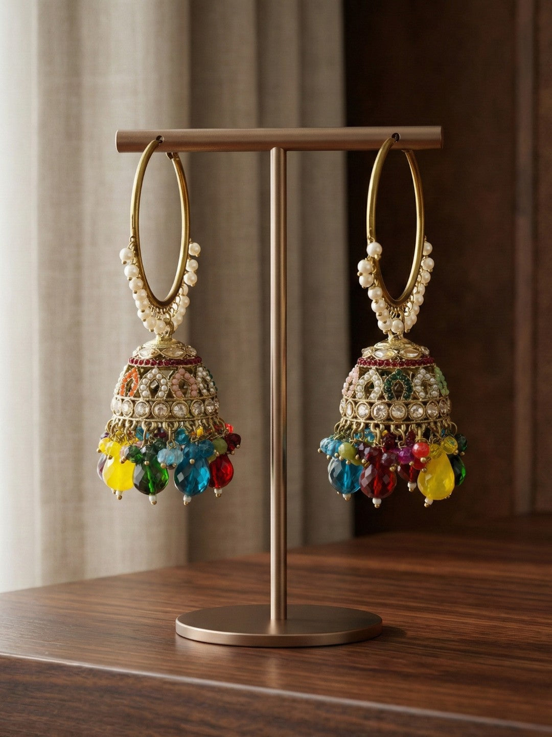 Gold Plated Multicolor Beaded Bali Jhumka Hoop Earrings for Women, Traditional Kundan Jhumki with Colorful Drops, Ethnic Festive Wedding Party Statement Earrings, Indian Jewellery-01