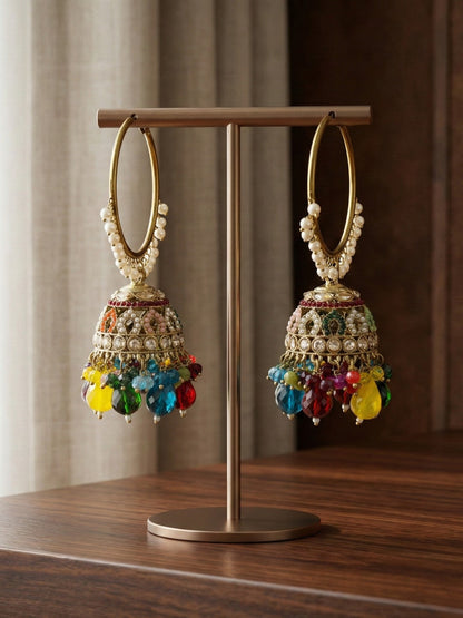 Gold Plated Multicolor Beaded Bali Jhumka Hoop Earrings for Women, Traditional Kundan Jhumki with Colorful Drops, Ethnic Festive Wedding Party Statement Earrings, Indian Jewellery-01