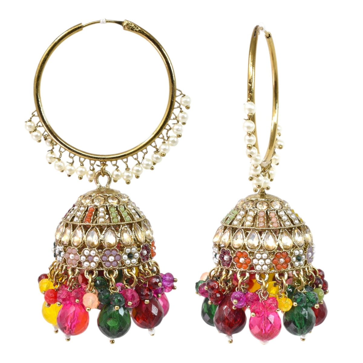 Gold Plated Multicolor Beaded Bali Jhumka Hoop Earrings for Women, Traditional Kundan Jhumki with Colorful Drops, Ethnic Festive Wedding Party Statement Earrings, Indian Jewellery-02