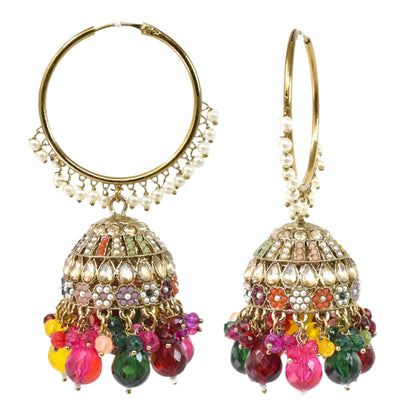 Gold Plated Multicolor Beaded Bali Jhumka Hoop Earrings for Women, Traditional Kundan Jhumki with Colorful Drops, Ethnic Festive Wedding Party Statement Earrings, Indian Jewellery-02