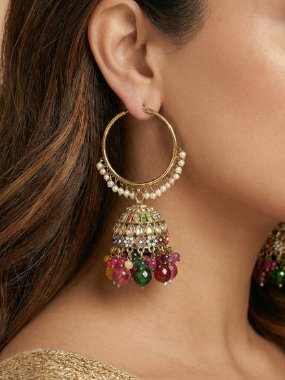 Gold Plated Multicolor Beaded Bali Jhumka Hoop Earrings for Women, Traditional Kundan Jhumki with Colorful Drops, Ethnic Festive Wedding Party Statement Earrings, Indian Jewellery-02
