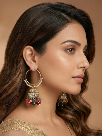 Gold Plated Multicolor Beaded Bali Jhumka Hoop Earrings for Women, Traditional Kundan Jhumki with Colorful Drops, Ethnic Festive Wedding Party Statement Earrings, Indian Jewellery-02