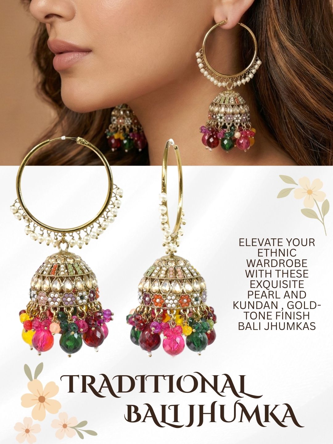 Gold Plated Multicolor Beaded Bali Jhumka Hoop Earrings for Women, Traditional Kundan Jhumki with Colorful Drops, Ethnic Festive Wedding Party Statement Earrings, Indian Jewellery-02