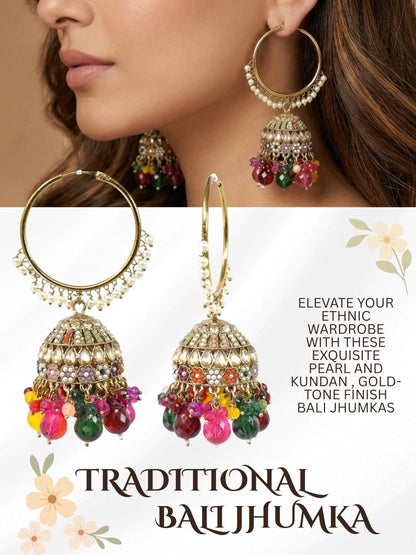 Gold Plated Multicolor Beaded Bali Jhumka Hoop Earrings for Women, Traditional Kundan Jhumki with Colorful Drops, Ethnic Festive Wedding Party Statement Earrings, Indian Jewellery-02