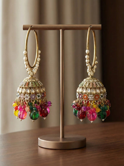 Gold Plated Multicolor Beaded Bali Jhumka Hoop Earrings for Women, Traditional Kundan Jhumki with Colorful Drops, Ethnic Festive Wedding Party Statement Earrings, Indian Jewellery-02