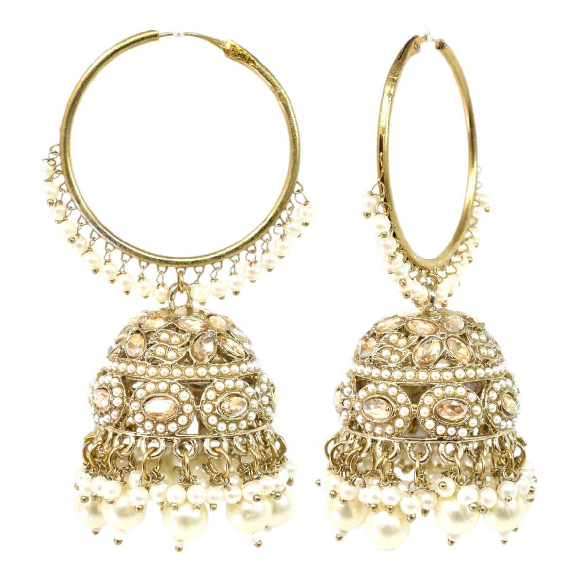 Gold Plated Traditional Bali Jhumka Hoop Earrings with Pearl Drops for Women Kundan Dome Jhumki with Beaded Pearl, Festive Wedding Party Statement Earrings, Indian Ethnic Jewellery-03
