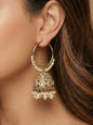 Gold Plated Traditional Bali Jhumka Hoop Earrings with Pearl Drops for Women Kundan Dome Jhumki with Beaded Pearl, Festive Wedding Party Statement Earrings, Indian Ethnic Jewellery-03