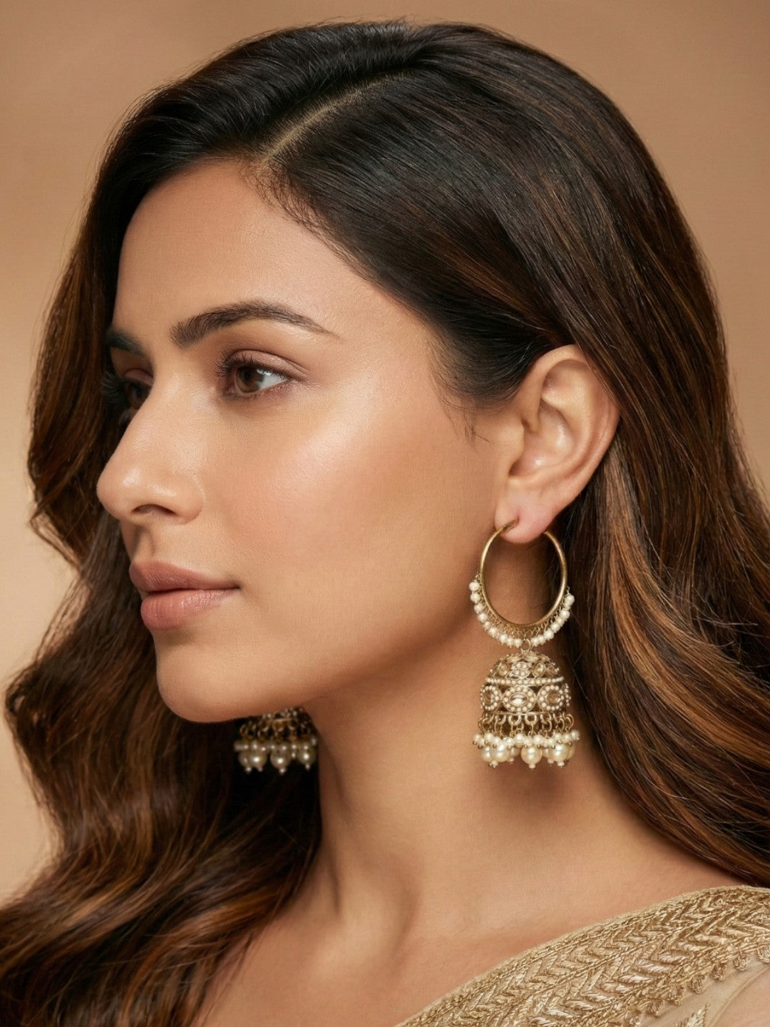 Gold Plated Traditional Bali Jhumka Hoop Earrings with Pearl Drops for Women Kundan Dome Jhumki with Beaded Pearl, Festive Wedding Party Statement Earrings, Indian Ethnic Jewellery-03