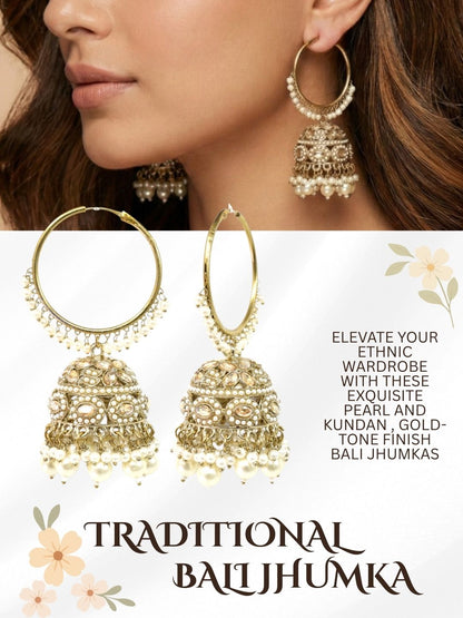 Gold Plated Traditional Bali Jhumka Hoop Earrings with Pearl Drops for Women Kundan Dome Jhumki with Beaded Pearl, Festive Wedding Party Statement Earrings, Indian Ethnic Jewellery-03