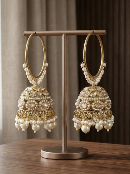 Gold Plated Traditional Bali Jhumka Hoop Earrings with Pearl Drops for Women Kundan Dome Jhumki with Beaded Pearl, Festive Wedding Party Statement Earrings, Indian Ethnic Jewellery-03