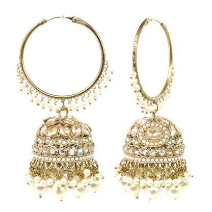 Gold Plated Traditional Bali Jhumka Hoop Earrings with Pearl Drops for Women Kundan Dome Jhumki with Beaded Pearl, Festive Wedding Party Statement Earrings, Indian Ethnic Jewellery-04