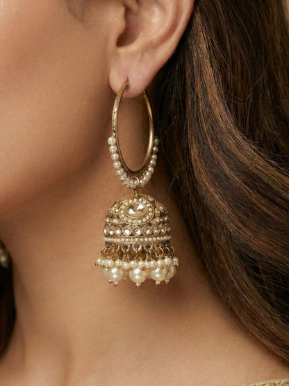 Gold Plated Traditional Bali Jhumka Hoop Earrings with Pearl Drops for Women Kundan Dome Jhumki with Beaded Pearl, Festive Wedding Party Statement Earrings, Indian Ethnic Jewellery-04