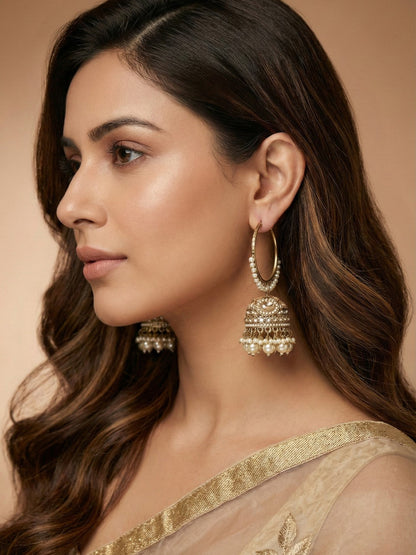 Gold Plated Traditional Bali Jhumka Hoop Earrings with Pearl Drops for Women Kundan Dome Jhumki with Beaded Pearl, Festive Wedding Party Statement Earrings, Indian Ethnic Jewellery-04