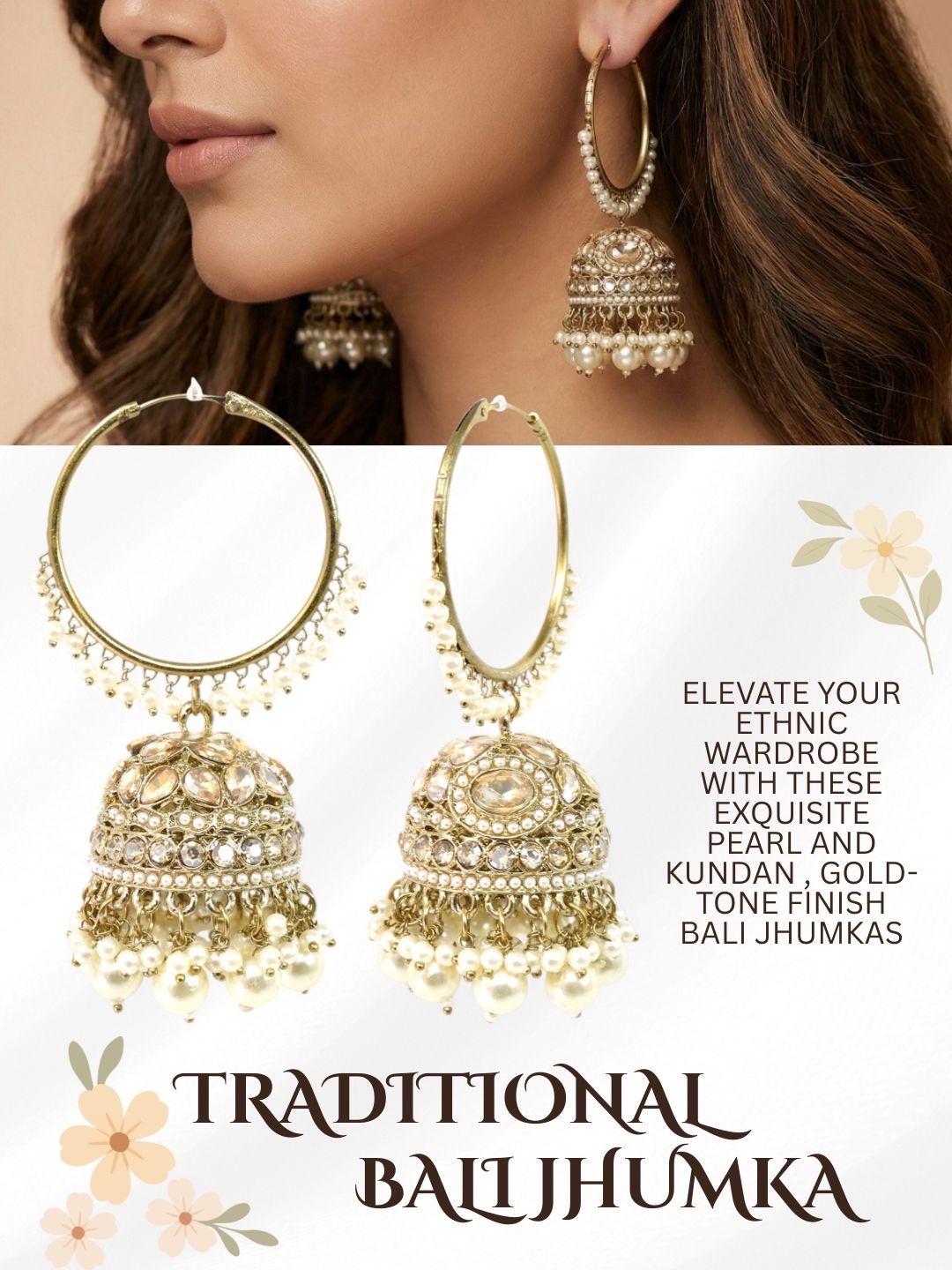 Gold Plated Traditional Bali Jhumka Hoop Earrings with Pearl Drops for Women Kundan Dome Jhumki with Beaded Pearl, Festive Wedding Party Statement Earrings, Indian Ethnic Jewellery-04