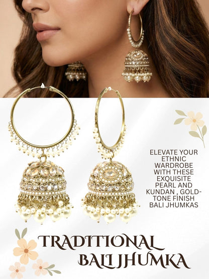 Gold Plated Traditional Bali Jhumka Hoop Earrings with Pearl Drops for Women Kundan Dome Jhumki with Beaded Pearl, Festive Wedding Party Statement Earrings, Indian Ethnic Jewellery-04