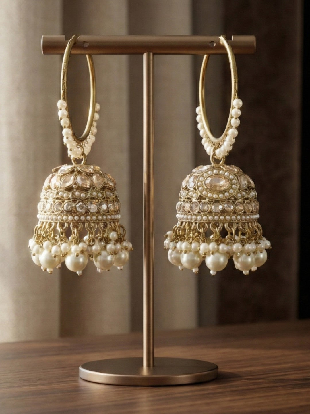 Gold Plated Traditional Bali Jhumka Hoop Earrings with Pearl Drops for Women Kundan Dome Jhumki with Beaded Pearl, Festive Wedding Party Statement Earrings, Indian Ethnic Jewellery-04