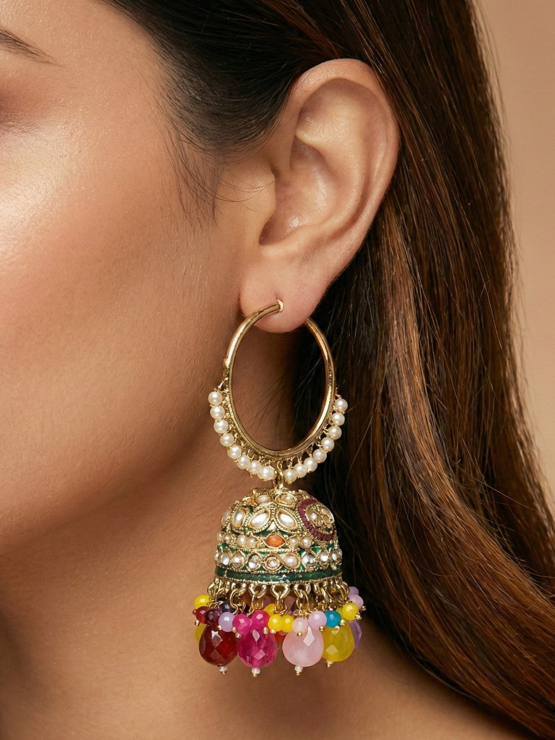 Gold Plated Multicolor Beaded Bali Jhumka Hoop Earrings for Women, Traditional Kundan Jhumki with Colorful Drops, Ethnic Festive Wedding Party Statement Earrings, Indian Jewellery-04