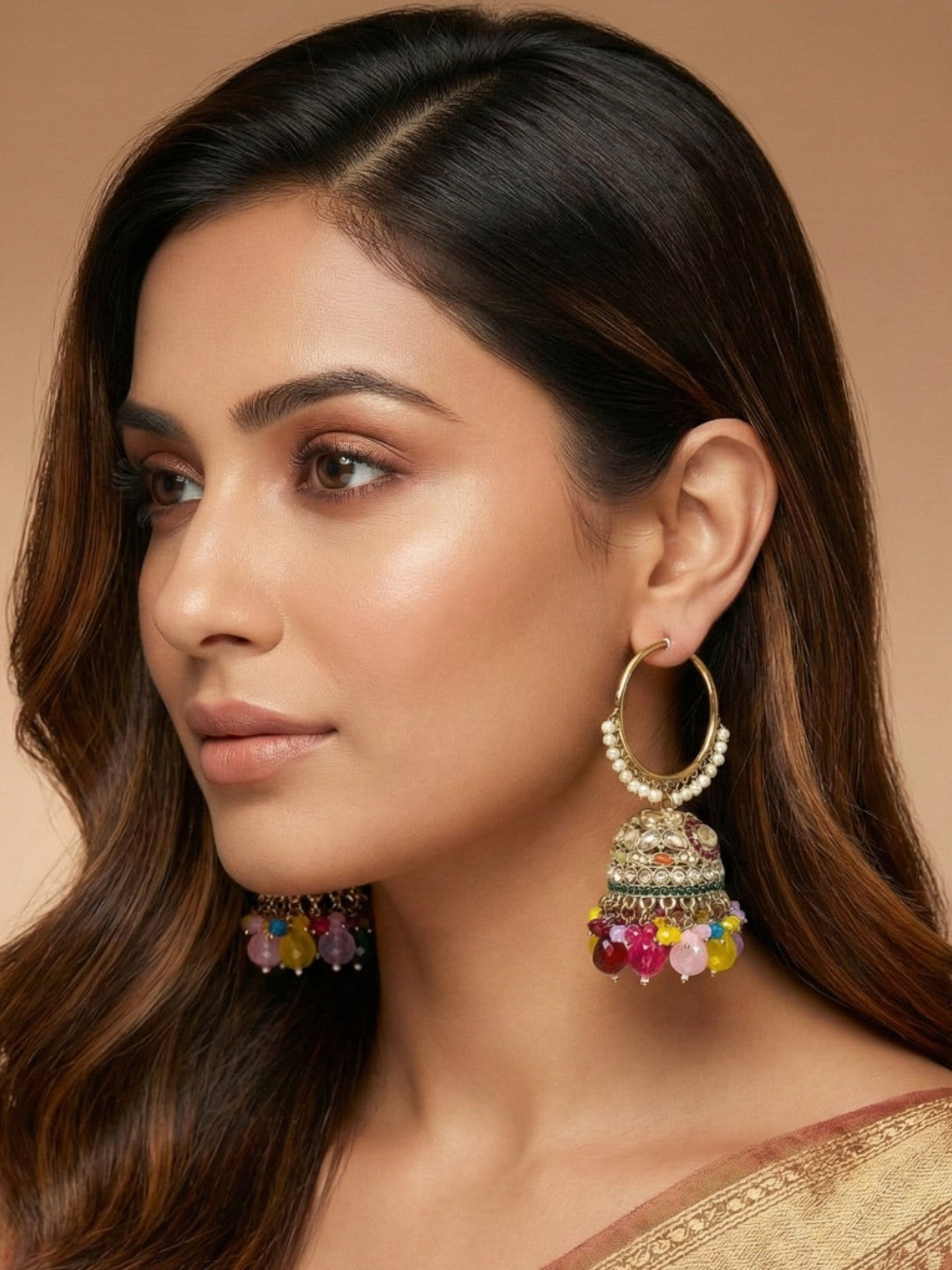 Gold Plated Multicolor Beaded Bali Jhumka Hoop Earrings for Women, Traditional Kundan Jhumki with Colorful Drops, Ethnic Festive Wedding Party Statement Earrings, Indian Jewellery-04