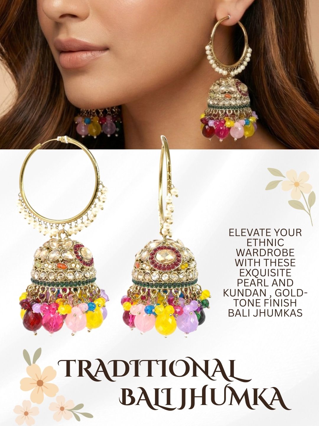 Gold Plated Multicolor Beaded Bali Jhumka Hoop Earrings for Women, Traditional Kundan Jhumki with Colorful Drops, Ethnic Festive Wedding Party Statement Earrings, Indian Jewellery-04
