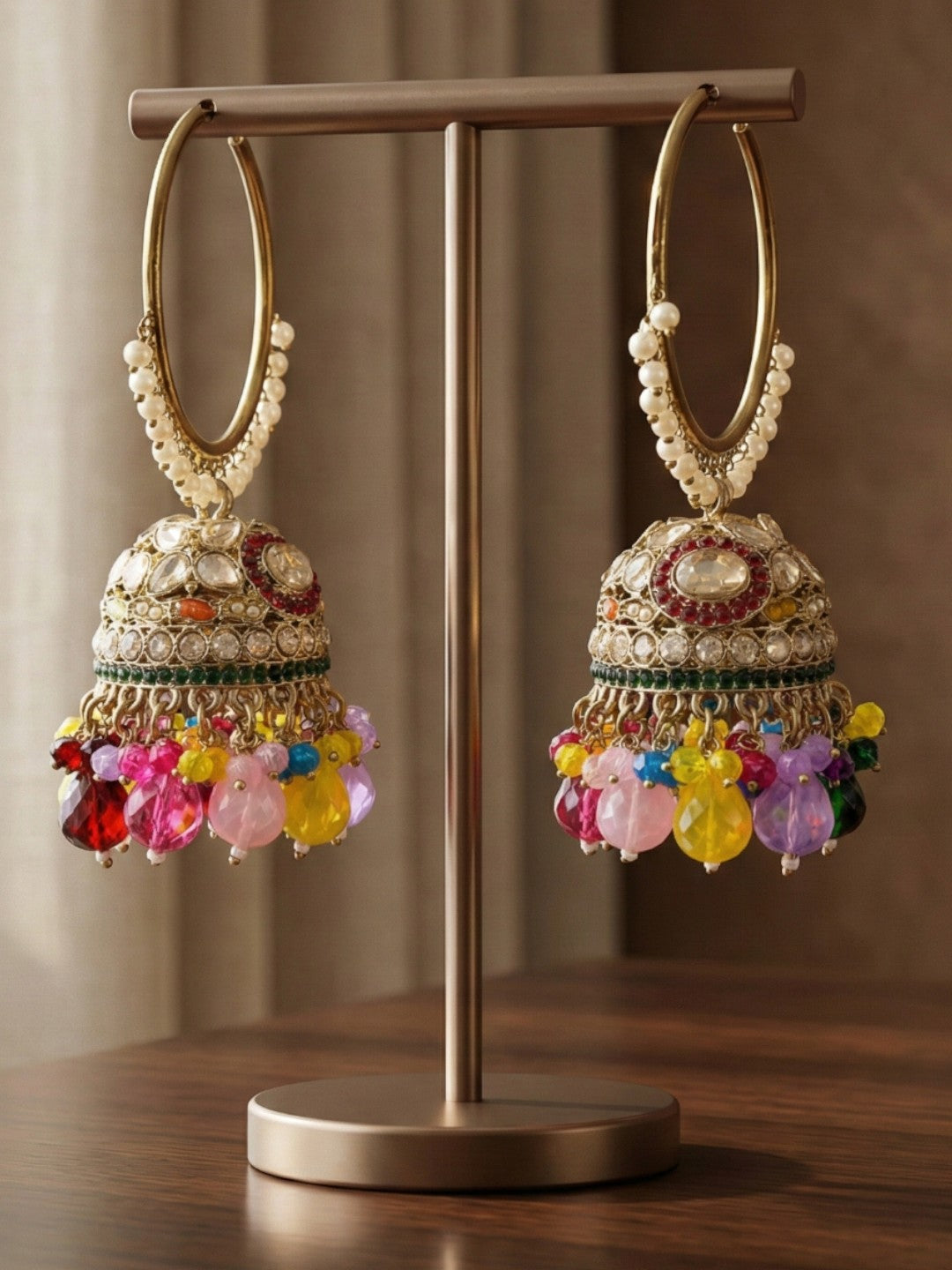 Gold Plated Multicolor Beaded Bali Jhumka Hoop Earrings for Women, Traditional Kundan Jhumki with Colorful Drops, Ethnic Festive Wedding Party Statement Earrings, Indian Jewellery-04