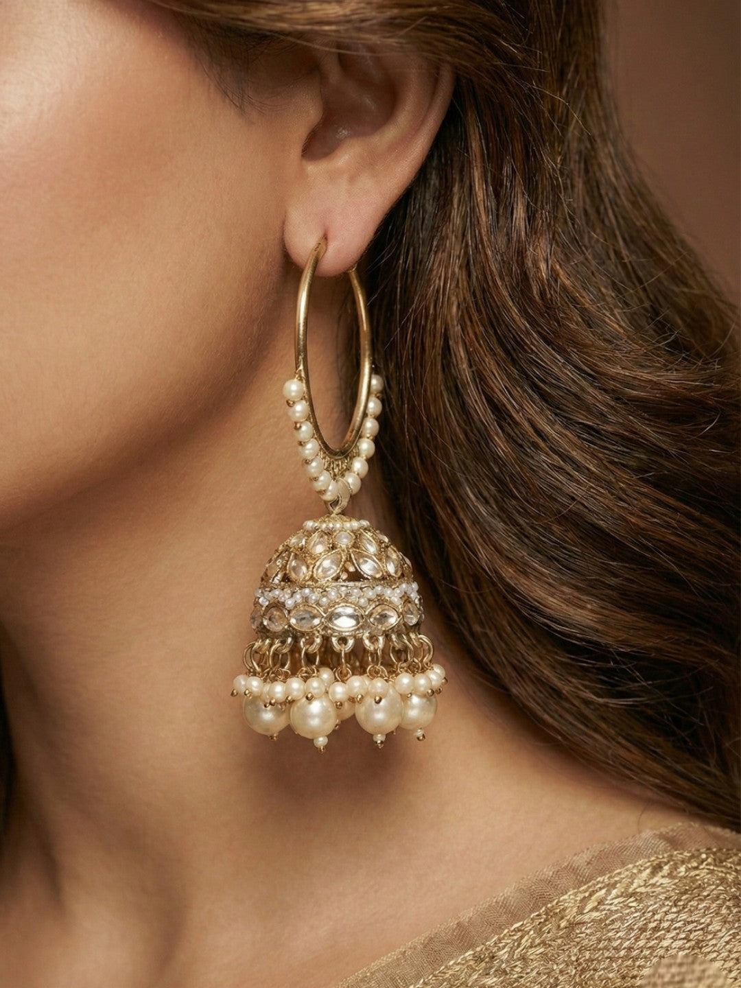 Gold Plated Traditional Bali Jhumka Hoop Earrings with Pearl Drops for Women Kundan Dome Jhumki with Beaded Pearl, Festive Wedding Party Statement Earrings, Indian Ethnic Jewellery-06