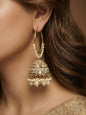 Gold Plated Traditional Bali Jhumka Hoop Earrings with Pearl Drops for Women Kundan Dome Jhumki with Beaded Pearl, Festive Wedding Party Statement Earrings, Indian Ethnic Jewellery-06