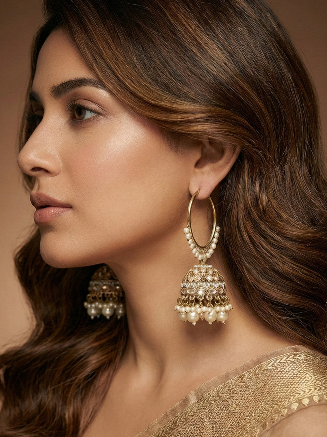 Gold Plated Traditional Bali Jhumka Hoop Earrings with Pearl Drops for Women Kundan Dome Jhumki with Beaded Pearl, Festive Wedding Party Statement Earrings, Indian Ethnic Jewellery-06