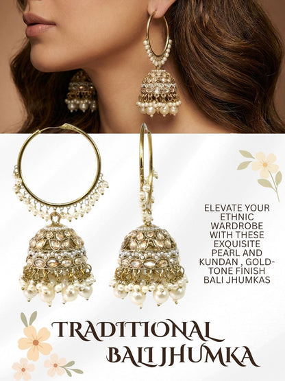 Gold Plated Traditional Bali Jhumka Hoop Earrings with Pearl Drops for Women Kundan Dome Jhumki with Beaded Pearl, Festive Wedding Party Statement Earrings, Indian Ethnic Jewellery-06