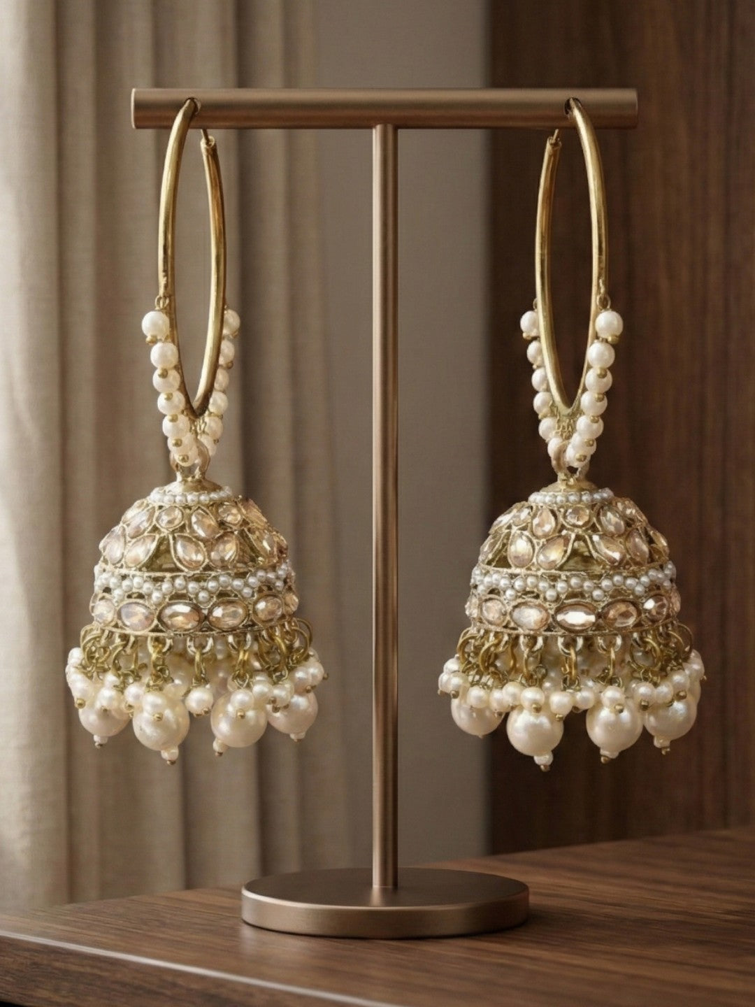 Gold Plated Traditional Bali Jhumka Hoop Earrings with Pearl Drops for Women Kundan Dome Jhumki with Beaded Pearl, Festive Wedding Party Statement Earrings, Indian Ethnic Jewellery-06