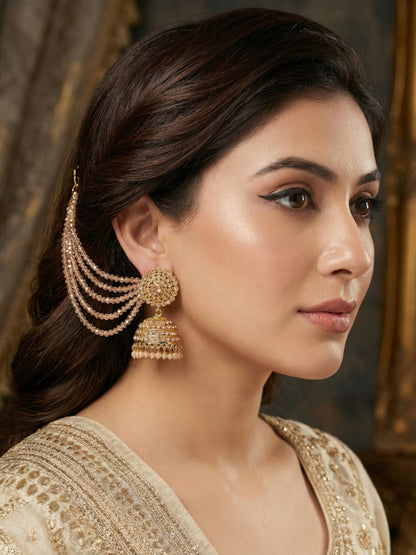 Traditional Gold-Plated Multi-Layered Peach Crystal Beaded Ear Chain for Women & Girls, Ethnic Kaan Chain Hair Accessories, Stylish Indian Jewellery for Festival, Wedding & Parties-01