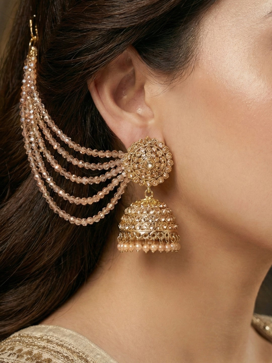 Traditional Gold-Plated Multi-Layered Peach Crystal Beaded Ear Chain for Women & Girls, Ethnic Kaan Chain Hair Accessories, Stylish Indian Jewellery for Festival, Wedding & Parties-01