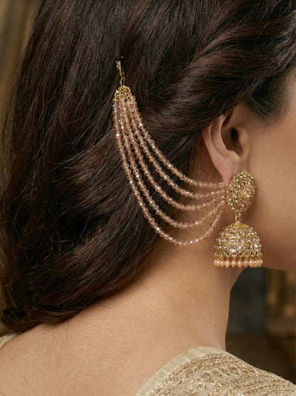 Traditional Gold-Plated Multi-Layered Peach Crystal Beaded Ear Chain for Women & Girls, Ethnic Kaan Chain Hair Accessories, Stylish Indian Jewellery for Festival, Wedding & Parties-01