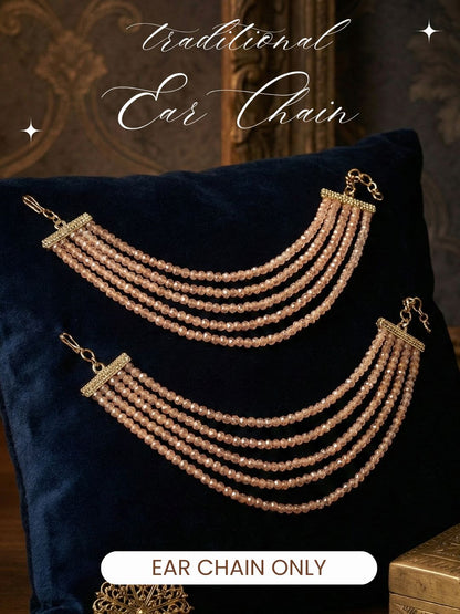 Traditional Gold-Plated Multi-Layered Peach Crystal Beaded Ear Chain for Women & Girls, Ethnic Kaan Chain Hair Accessories, Stylish Indian Jewellery for Festival, Wedding & Parties-01