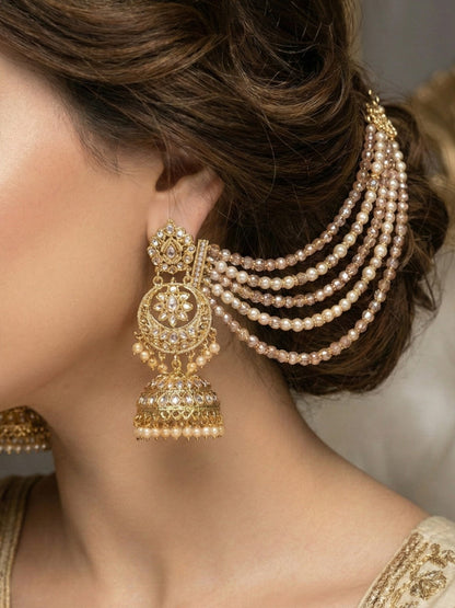 Traditional Gold-Plated Multi-Layered Peach Crystal Beaded Ear Chain for Women & Girls, Ethnic Kaan Chain Hair Accessories, Stylish Indian Jewellery for Festival, Wedding & Parties-02